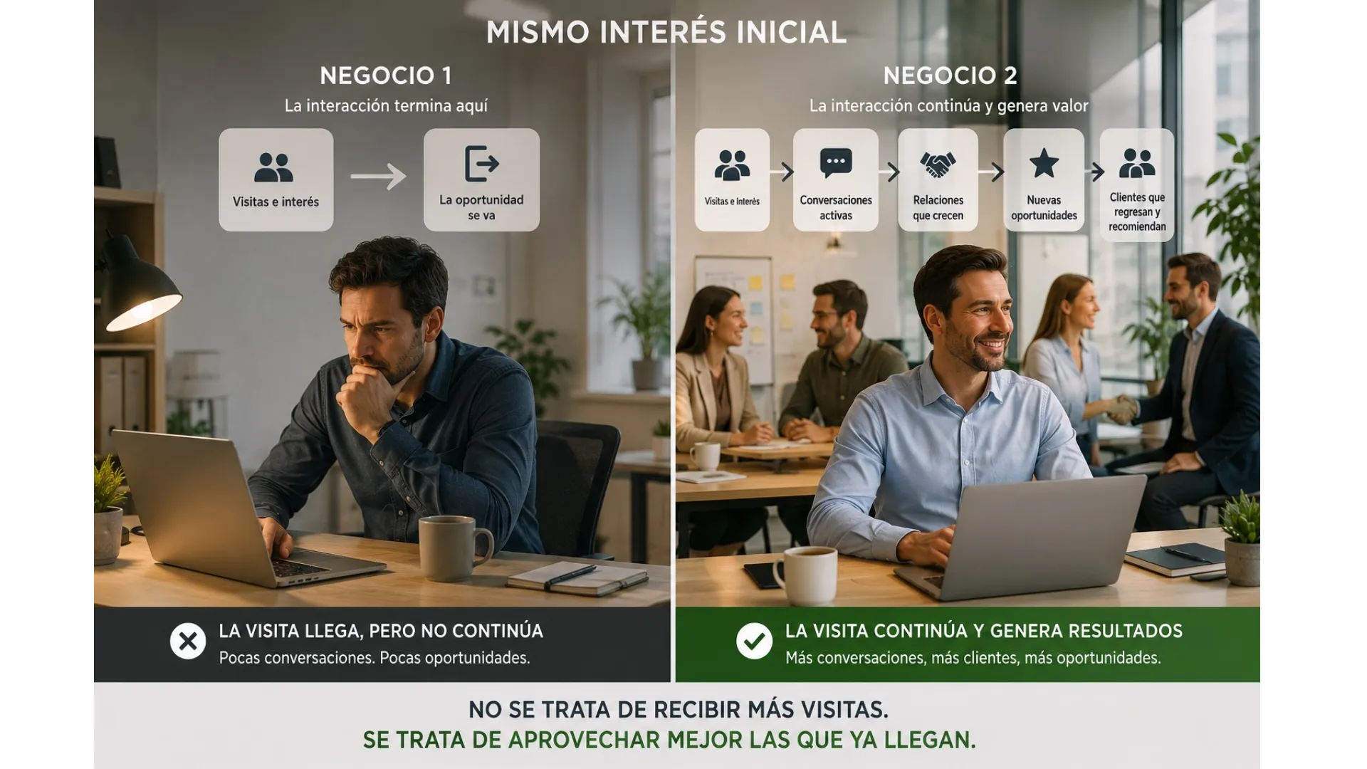 Dos empresas con un volumen similar de visitas obteniendo resultados diferentes gracias a conversaciones, relaciones y oportunidades que continúan después del primer contacto
