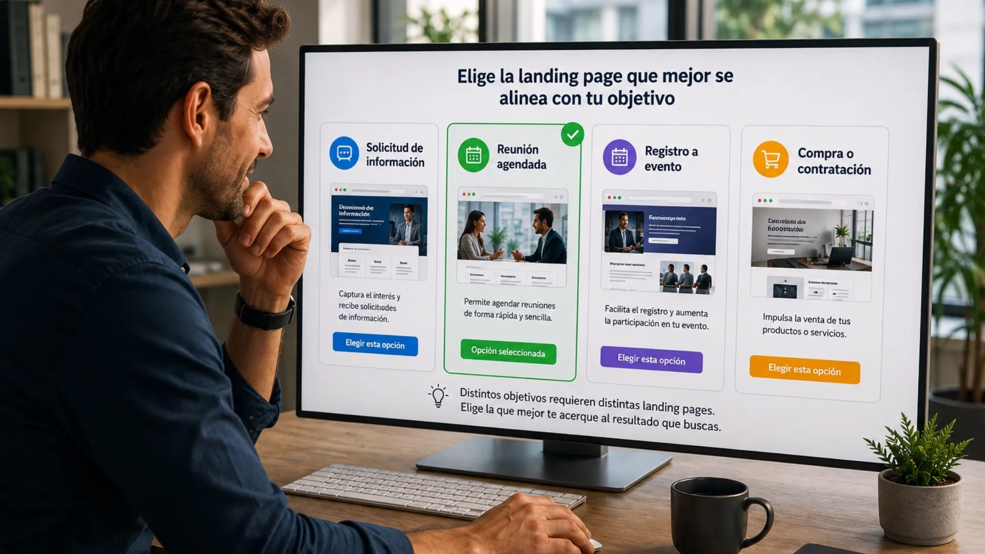 Empresario comparando diferentes landing pages para elegir la que mejor se adapta a sus objetivos de negocio