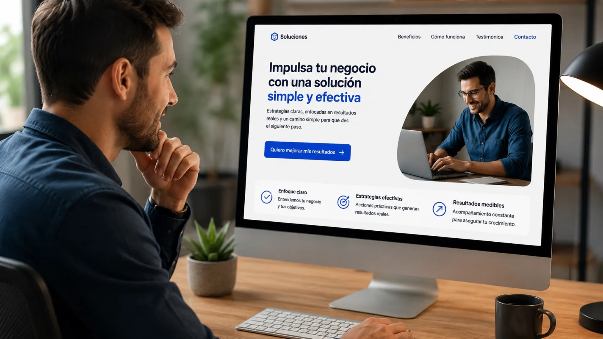 Persona identificando fácilmente el siguiente paso en una landing page clara, organizada y libre de distracciones