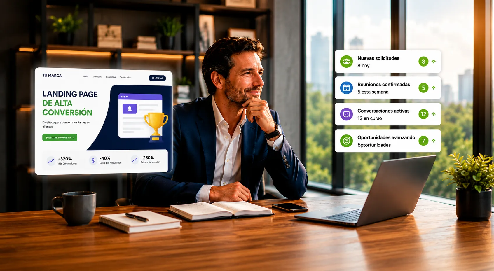 Empresario revisando oportunidades de negocio mientras observa una landing page de alta conversión diseñada para transformar visitas en resultados reales.
