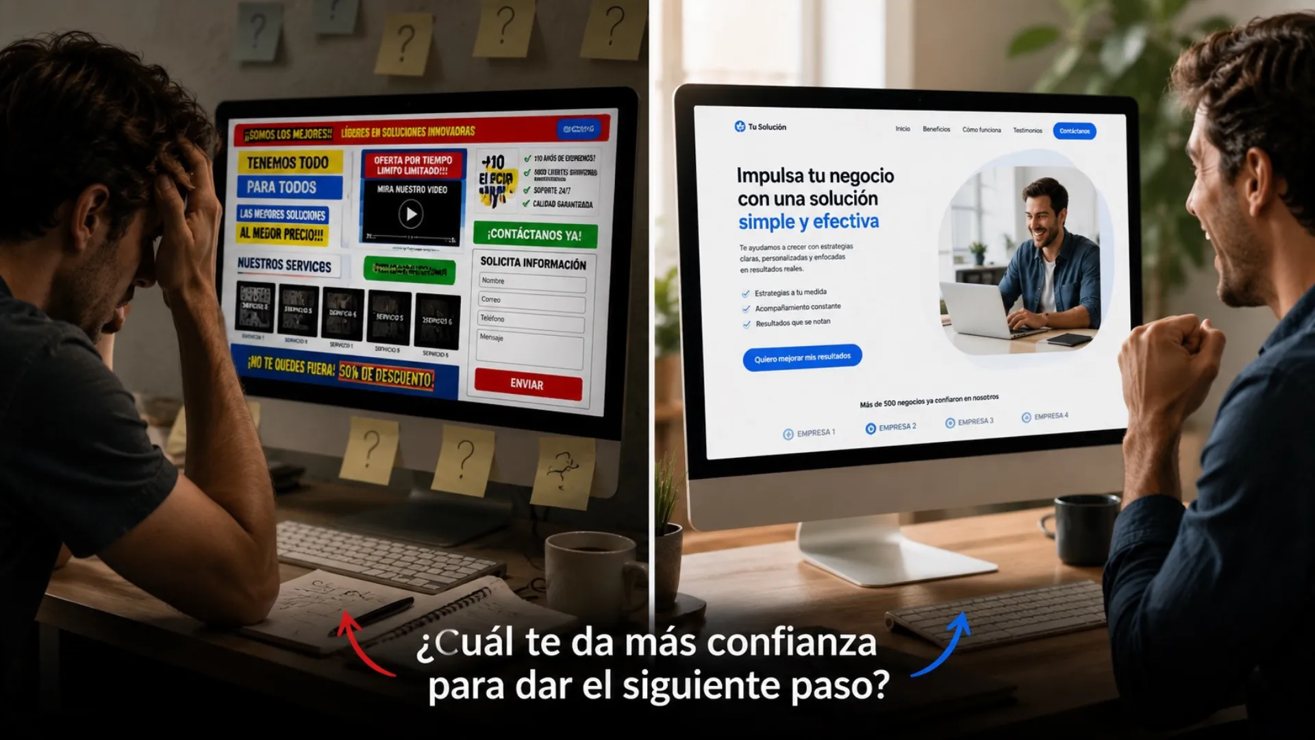 Persona analizando una landing page clara y estructurada mientras toma una decisión de contacto o solicitud de información