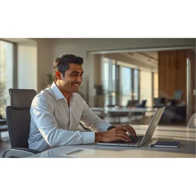 Empresario evaluando la inversión de una landing page profesional con claridad y confianza