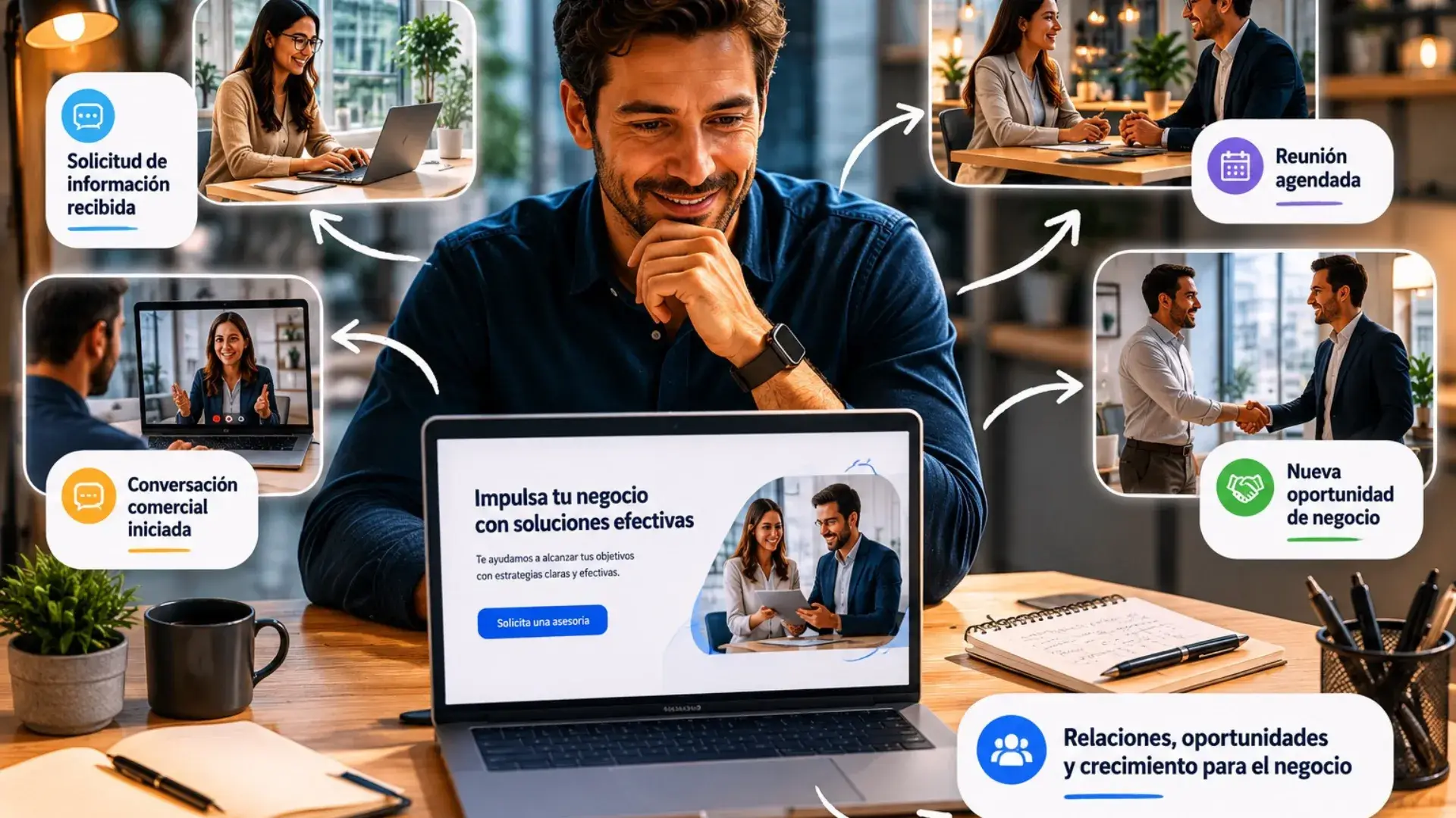 Empresario observando cómo una visita se convierte en conversaciones, reuniones y oportunidades de negocio después del primer contacto