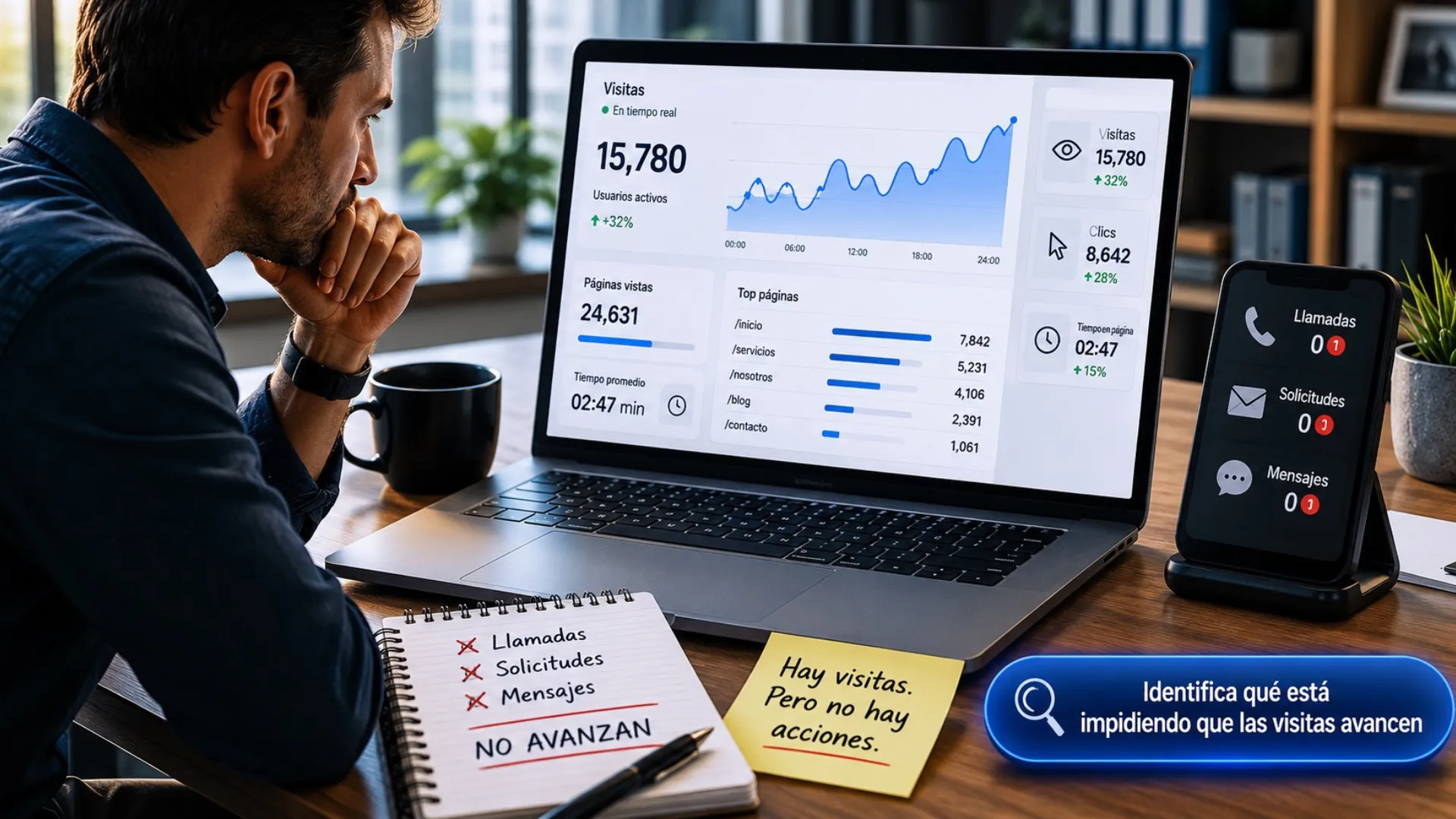 Visitas llegando a una página web mientras las solicitudes de contacto y llamadas comerciales siguen sin aparecer